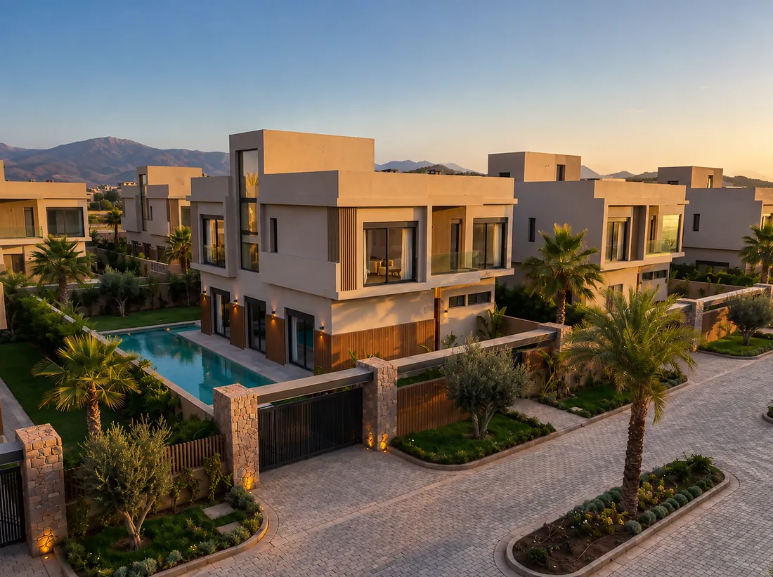 Les allées privées du domaine Jnane Oum El Ghite — villas contemporaines, piscines et entrée sécurisée sous la lumière dorée, perspective d’architecte