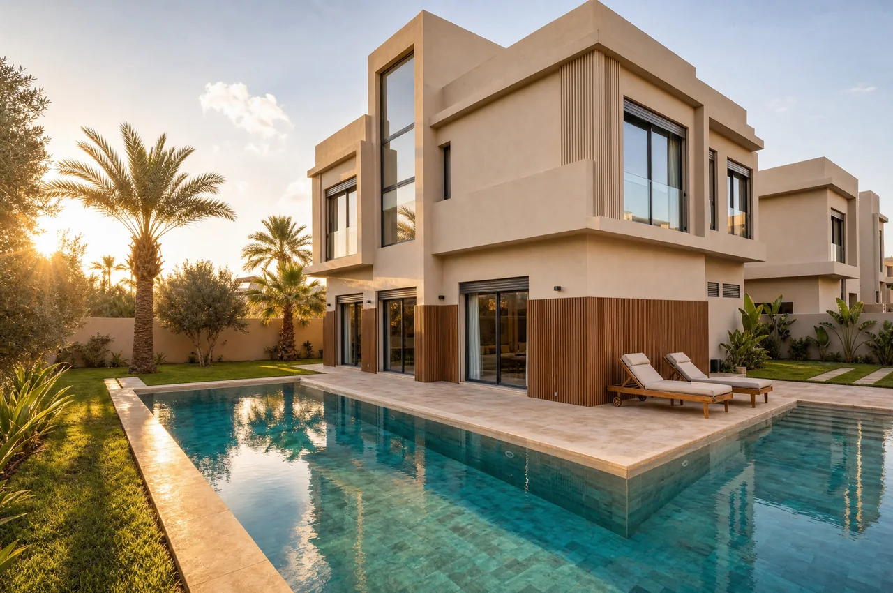 La villa au soleil couchant, sa piscine et son jardin, vue de projet