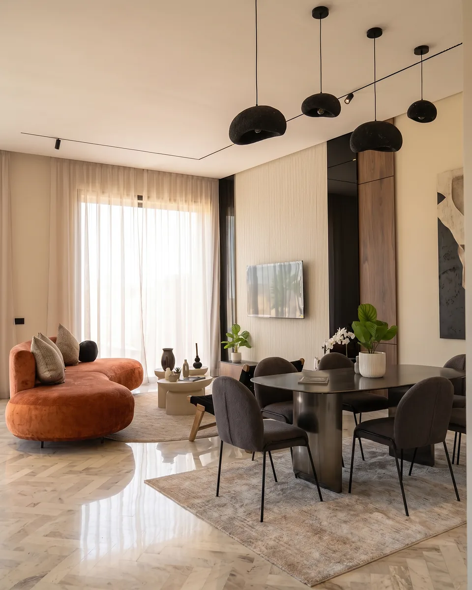 Le séjour de la villa témoin Jnane Oum El Ghite — canapé galbé terracotta sous les suspensions noires, voilages dans la lumière traversante et table ovale dressée, photographié sur place.